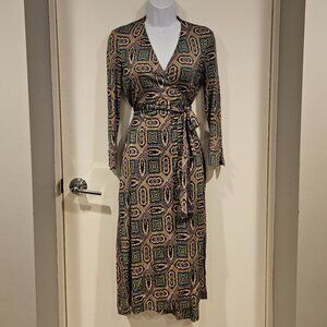 DVF Midi Wrap Dress Purple Teal & Yellow Moroccan Style Long Sleeves Size 6